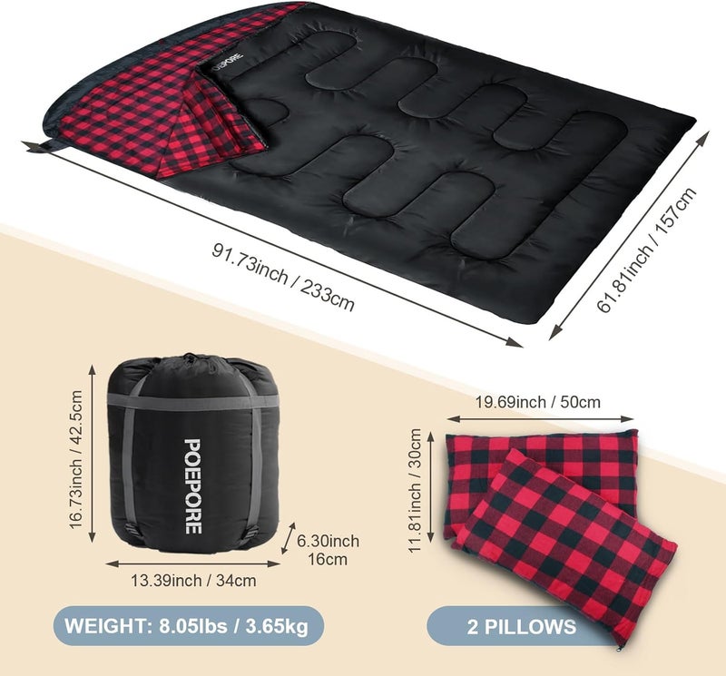 POEPORE Double Sleeping Bag Flannel for Adults with 2 Pillows 2 Person Sleeping Bags Camping XXL Queen Size Two Person Sleeping Bag for Cold Weather - Image 2